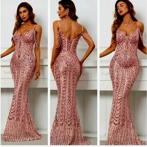 Pink, Cami, Backless,  Fringe Sleeves,  Contrast Sequined Mermaid Gown